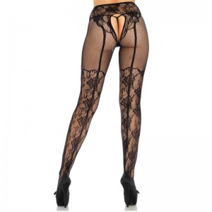 Crotchless pantyhose with bow suspender design and floral lace One size fits all by LEG AVENUE