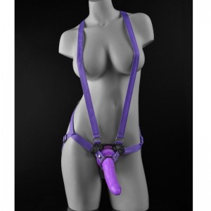 Strap-on harness with 17.8-cm purple realistic dildo from PIPEDREAM's Dillio series