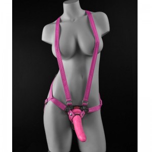 Strap-on harness with 17.8-cm pink realistic dildo from PIPEDREAM's Dillio series