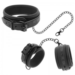 Faux leather collar and constrictor cuffs connected by chain by FETISH SUBMISSIVE