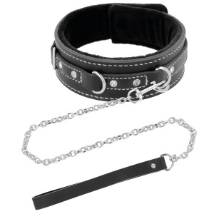 Black faux leather collar with furry padding and leash by DARKNESS