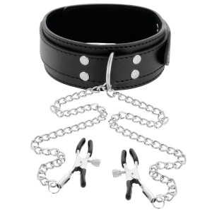 Black leather collar with metal nipple clamps from DARKNESS
