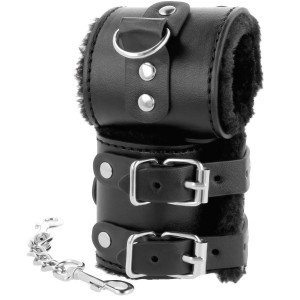 Black faux leather wide constrictor cuffs with fur by DARKNESS