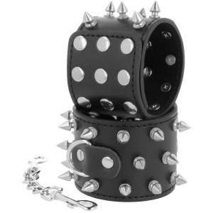 Black faux leather constrictor cuffs with metal spikes from DARKNESS
