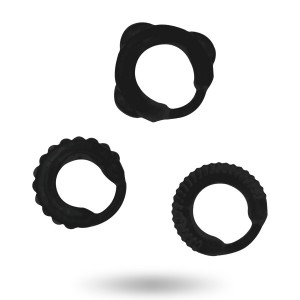 ADDICTED TOYS set of 3 black phallic and testicular rings with reliefs