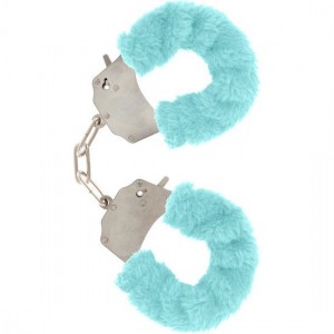 Metallic handcuffs with light blue fur from JUST FOR YOU