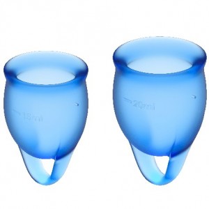 Pair of FEEL CONFIDENT Blue 15 and 20 ml menstrual cups from SATISFYER