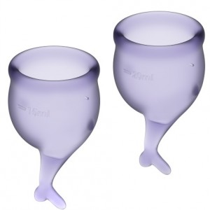 Pair of FEEL SECURE Purple 15 and 20 ml menstrual cups by SATISFYER