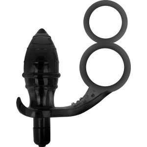 Vibrating plug with double phallic ring and perineum-stimulating band from Addicted Toys