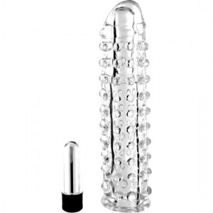 Transparent penis extension with stimulating pads and vibrating bullet from SEVENCREATIONS