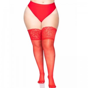 Red Lycra hold-up stockings with lace Plus size STAY UPS model by LEG AVENUE