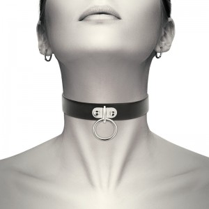 Black faux leather slave choker with leash ring by COQUETTE