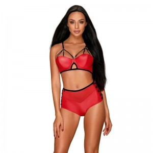 Red Bra and Hipster Set Model LEATHER Size L/XL by OBSESSIVE