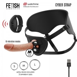 Size M harness with vibrating dildo 19.5 cm WATCHME technology from FETISH SUBMISSIVE's Cyber Strap series