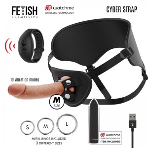 Size M harness with 19.5 cm dildo and vibrating Bullet WATCHME technology by CYBER STRAP