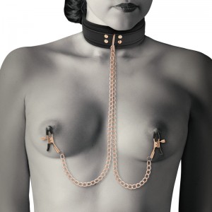 Vegan leather collar with chain and nipple clamps from COQUETTE's Fantasy Series