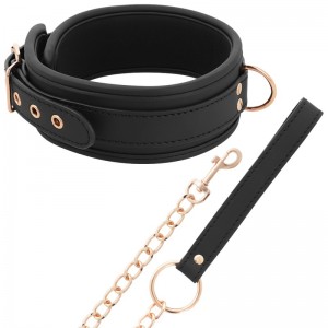Black faux leather collar with leash and gold-colored details by COQUETTE
