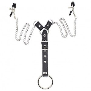 Fetish set of nipple clamps and metal phallic ring from OHMAMA