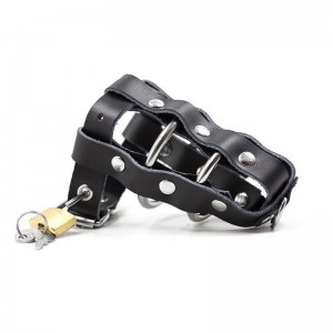 Black faux leather chastity cage with metal rings and padlock closure by OHMAMA