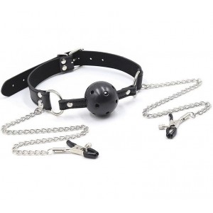 Breathable Ball Gag with nipple clamps connected by chain by OHMAMA FETISH