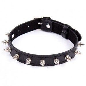Black faux leather collar with metal spikes and ring by OHMAMA