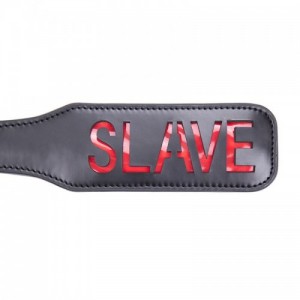 Black faux leather spanker paddle with slave lettering by OHMAMA