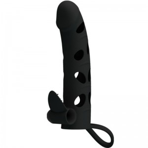 Black 15.2 cm silicone phallic sheath with testicle ring and clitoral stimulator from PRETTY LOVE
